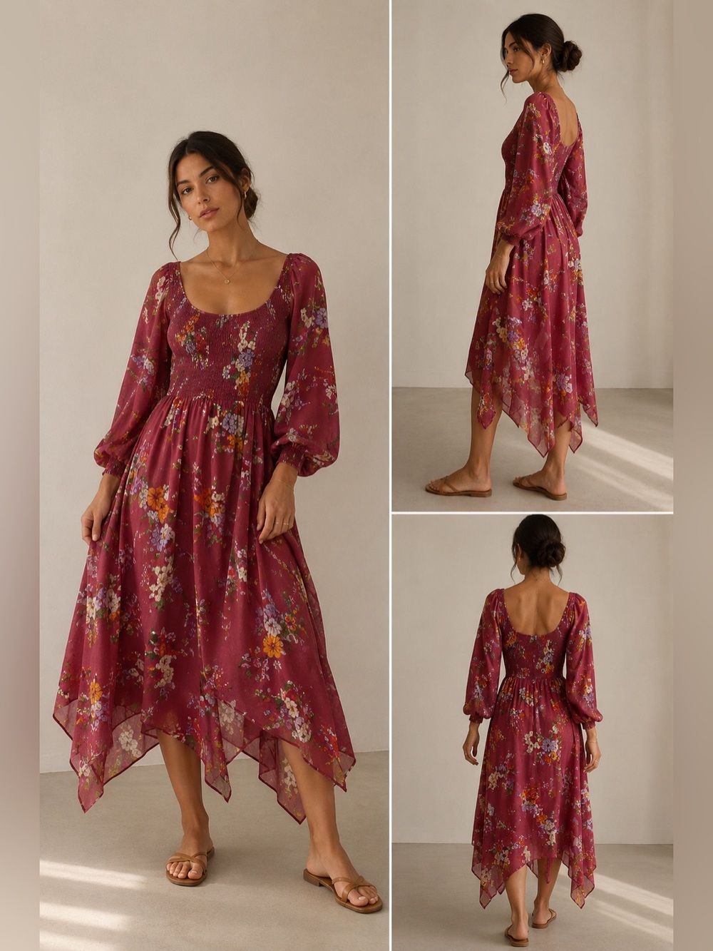 Free People Wine Floral Handkerchief-Hem Midi Dress XS